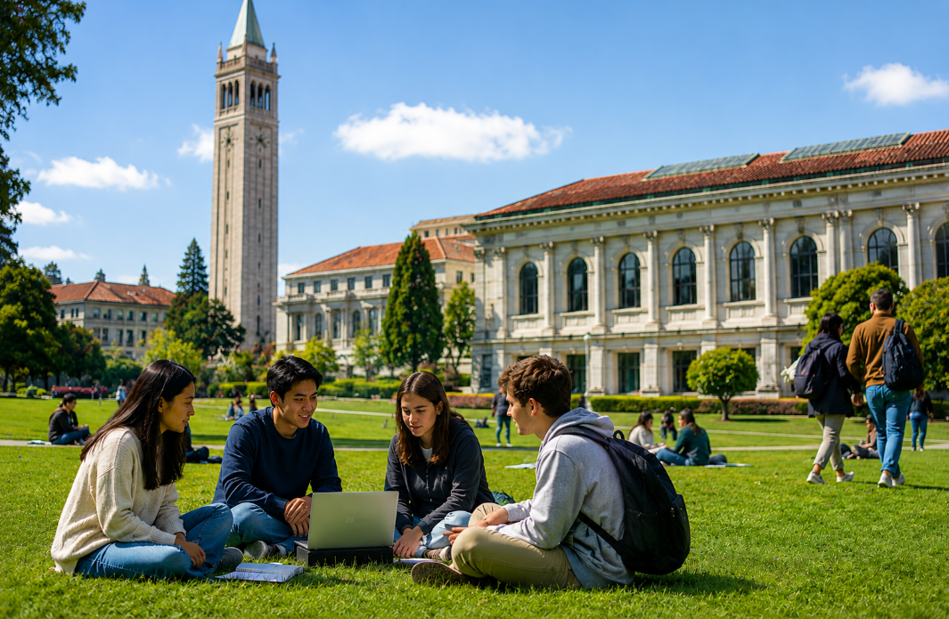 International students collaborate and study on a university campus amid a vibrant academic environment.